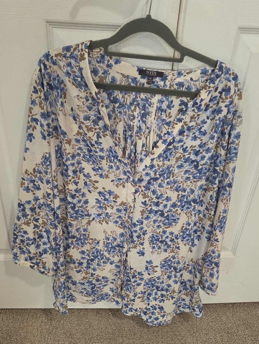NYDJ Cream Blouse with Blue and Brown Floral Print